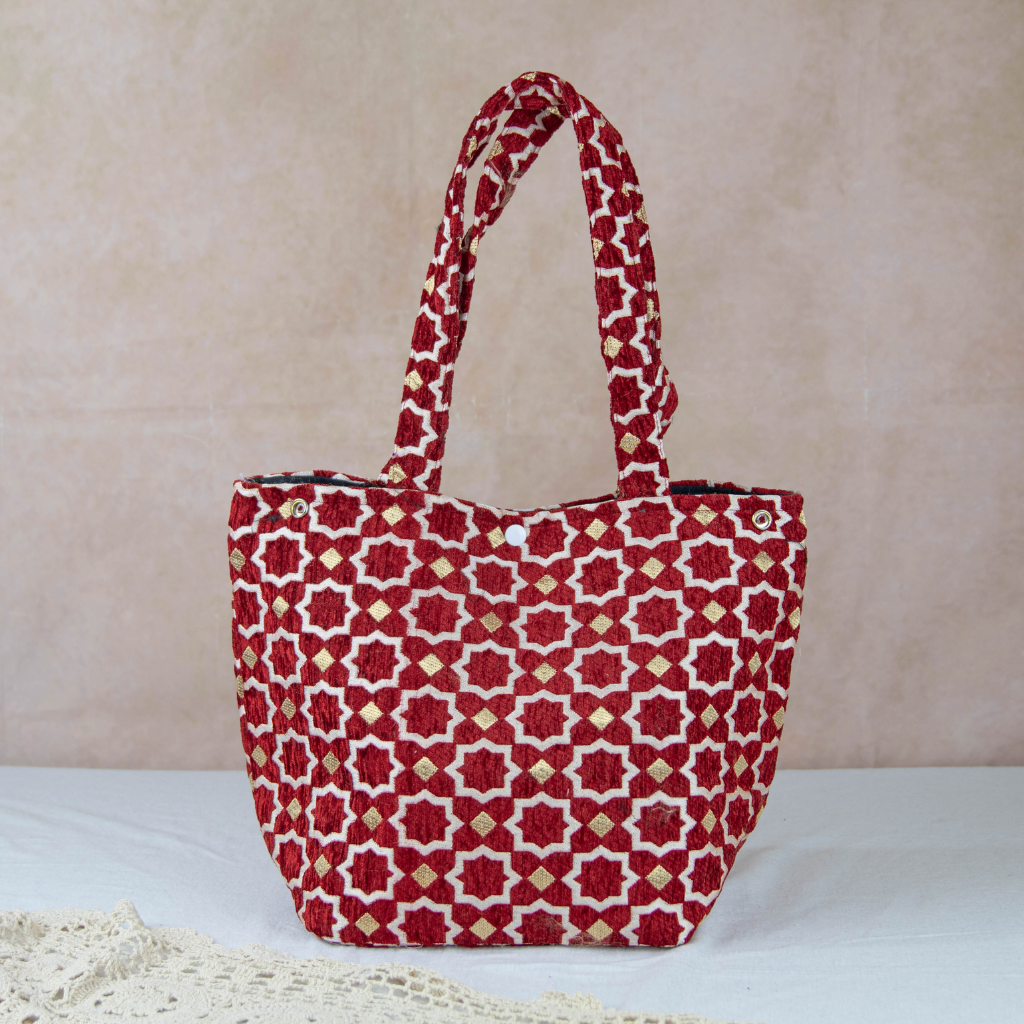 Moroccan Brocade Velvet and Gold Threads Tote Bag in Red