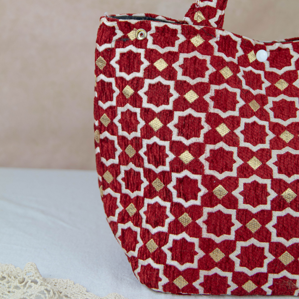 Moroccan Brocade Velvet and Gold Threads Tote Bag in Red