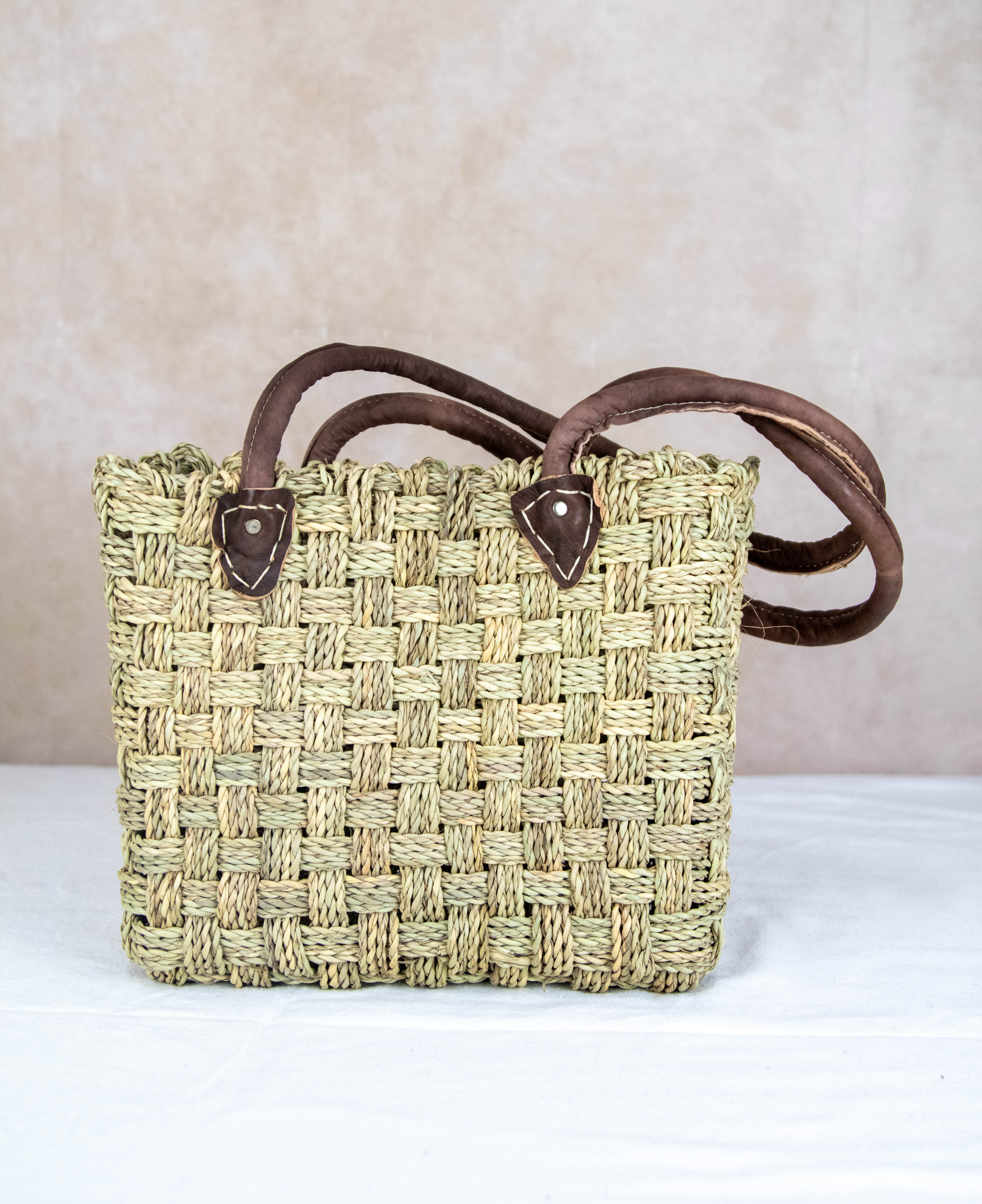Moroccan Wicker Market Basket Bag with Stitched Leather Handles