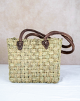 Moroccan Wicker Market Basket Bag with Stitched Leather Handles