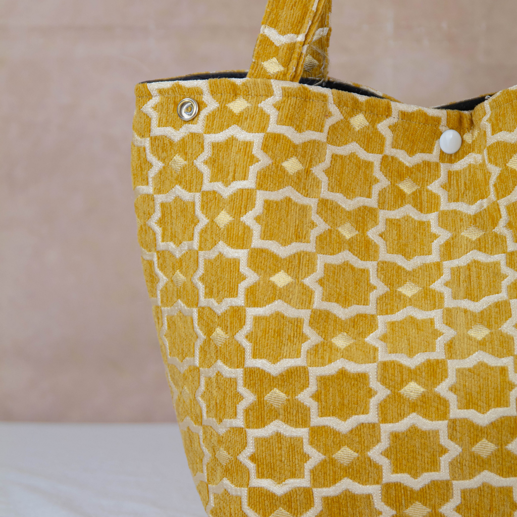Moroccan Brocade Velvet and Gold Threads Tote Bag in Saffron Yellow