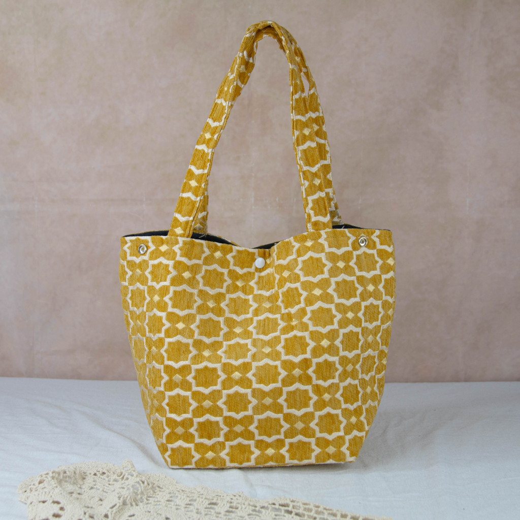 Moroccan Brocade Velvet and Gold Threads Tote Bag in Saffron Yellow