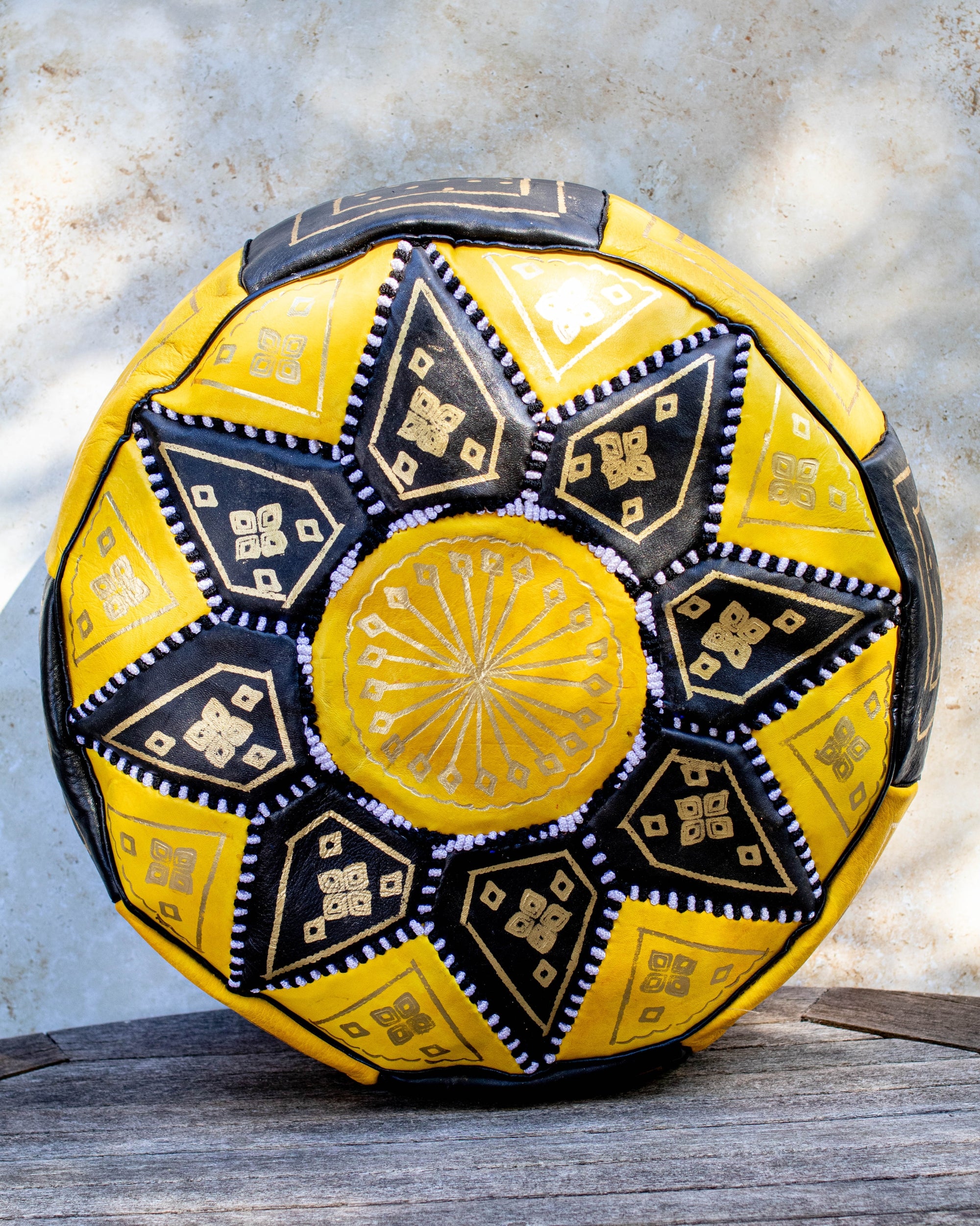 Moroccan Leather Pouf Yellow and Black with Gold Embroidery