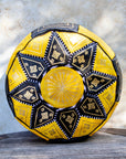 Moroccan Leather Pouf Yellow and Black with Gold Embroidery