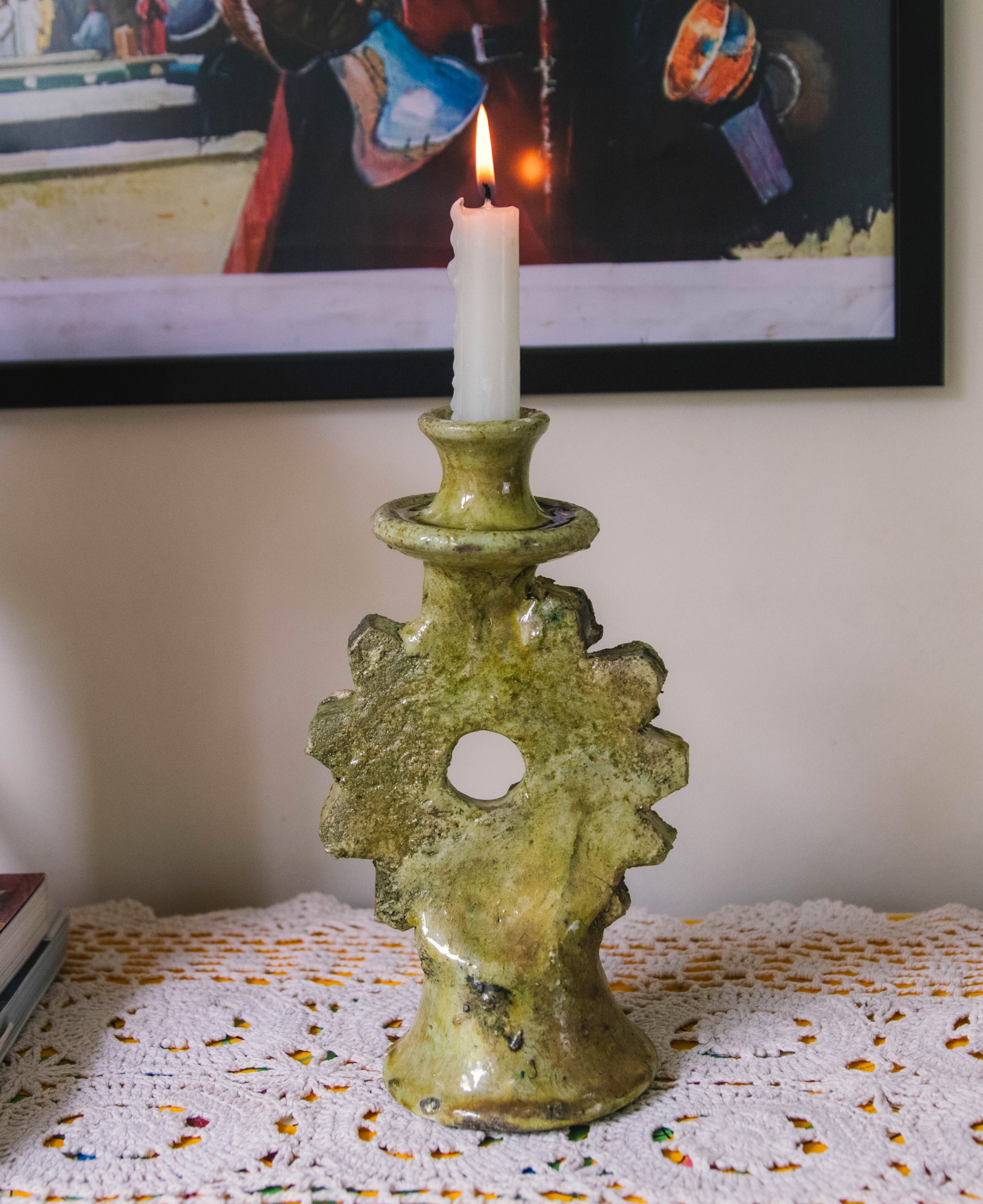 Handmade Tamegroute Shaded Ochre Candlestick Holder