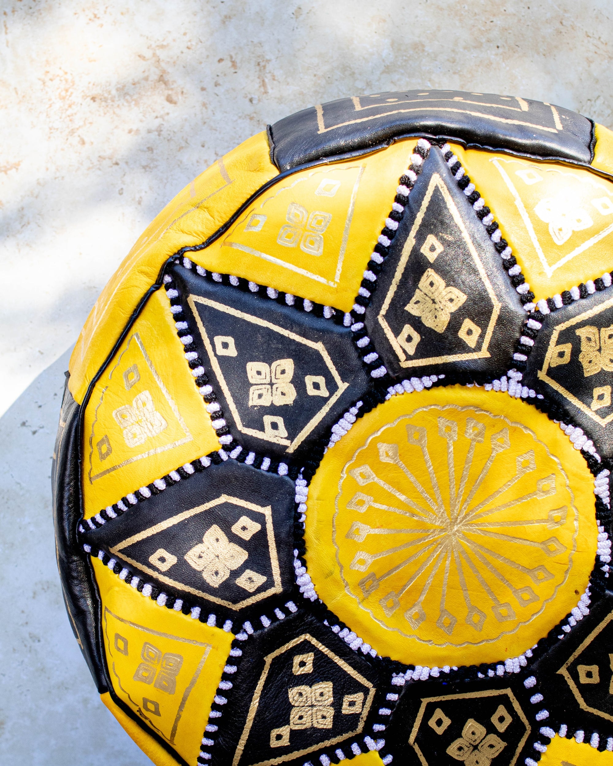 Moroccan Leather Pouf Yellow and Black with Gold Embroidery