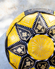 Moroccan Leather Pouf Yellow and Black with Gold Embroidery