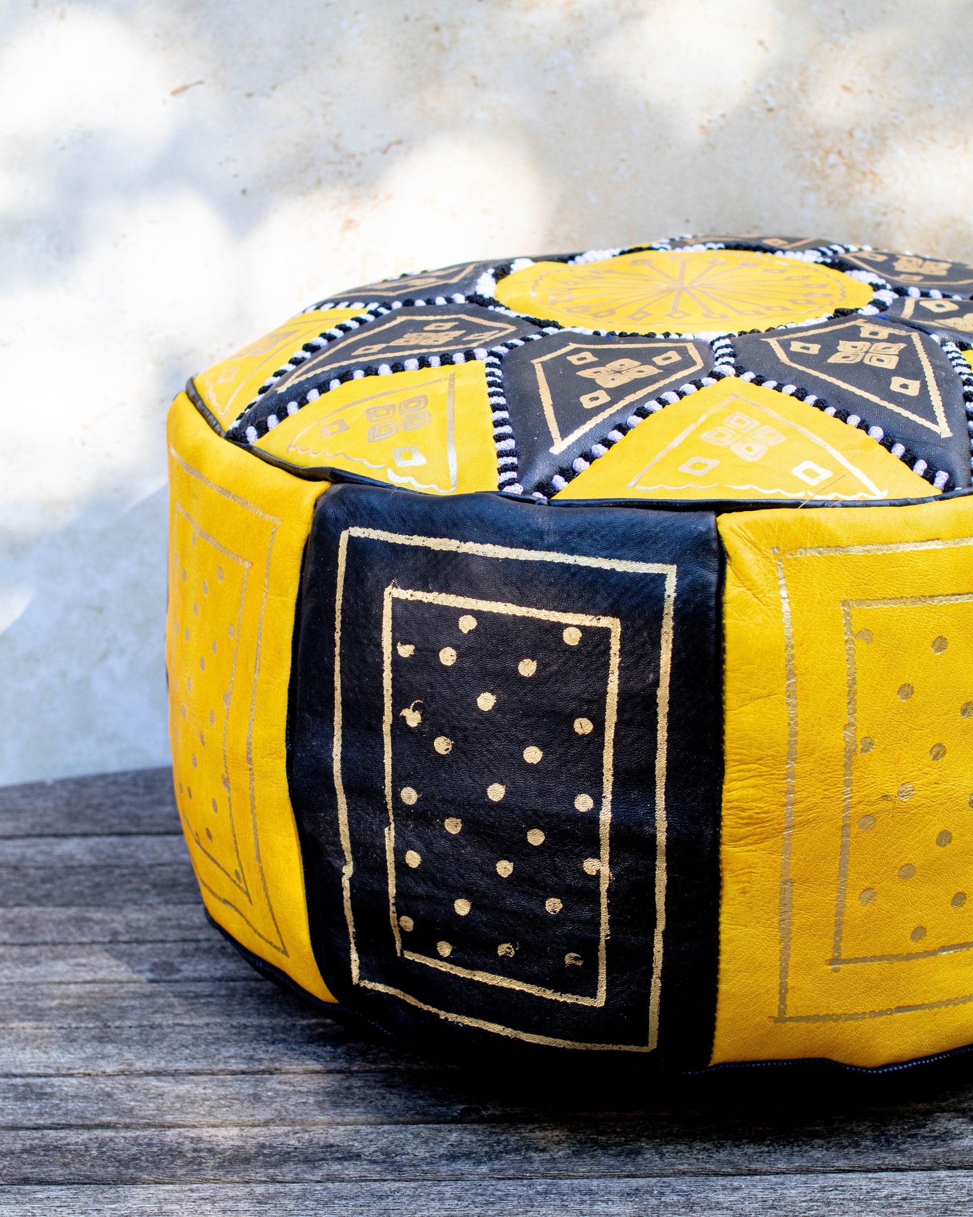 Moroccan Leather Pouf Yellow and Black with Gold Embroidery