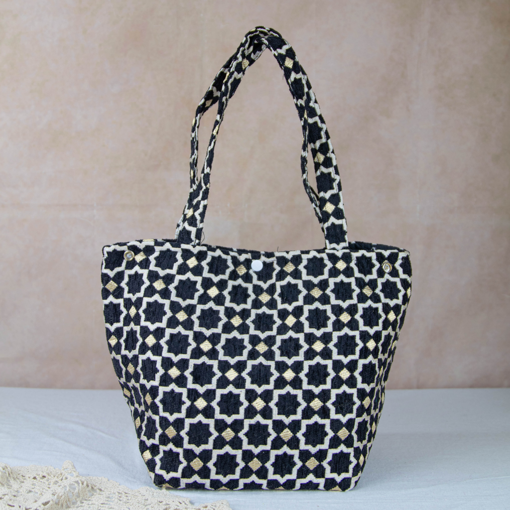 Moroccan Brocade Velvet and Gold Threads Tote Bag in Black