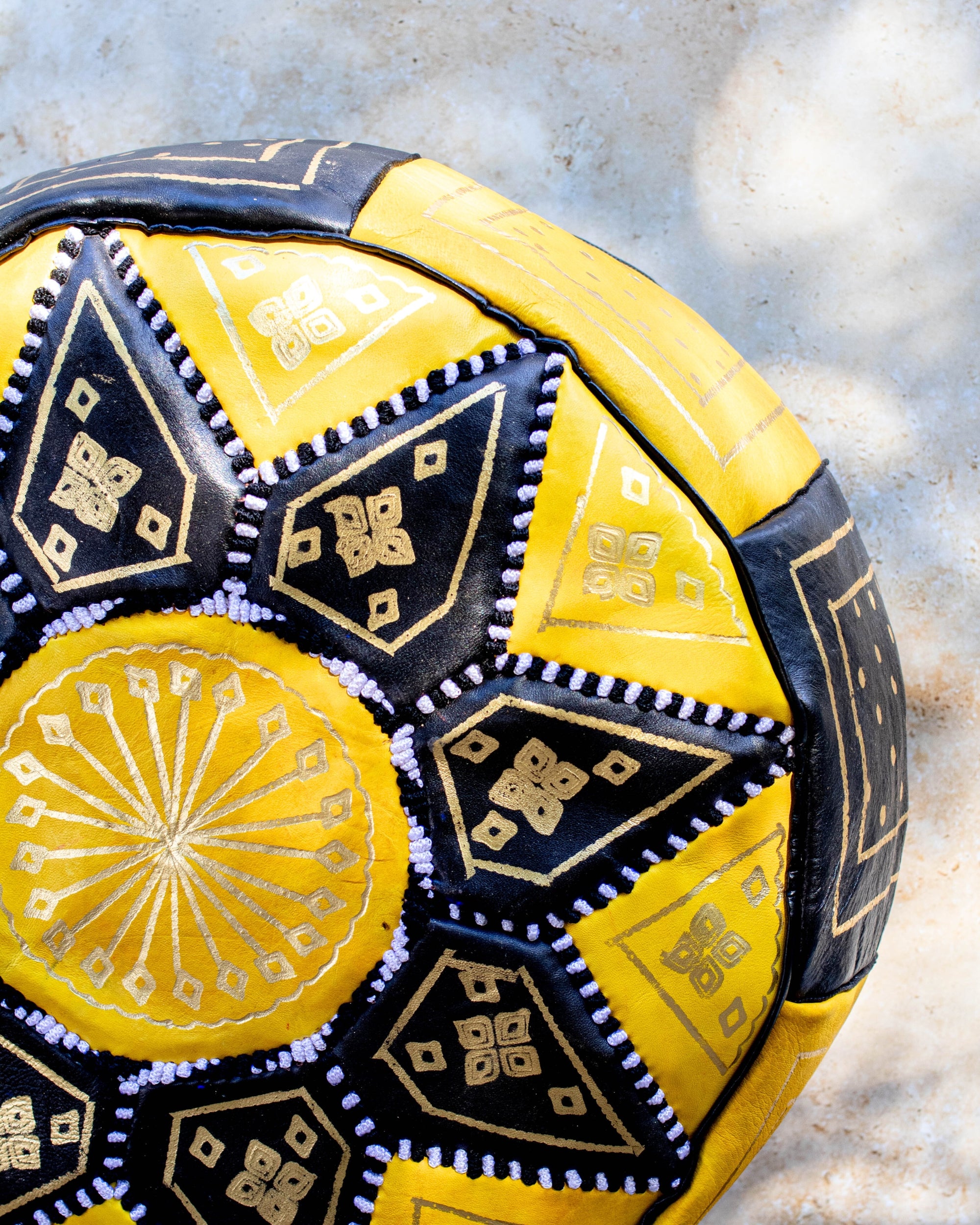 Moroccan Leather Pouf Yellow and Black with Gold Embroidery