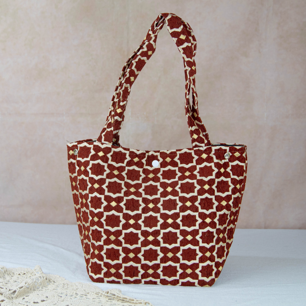 Moroccan Brocade Velvet and Gold Threads Tote Bag in Brown
