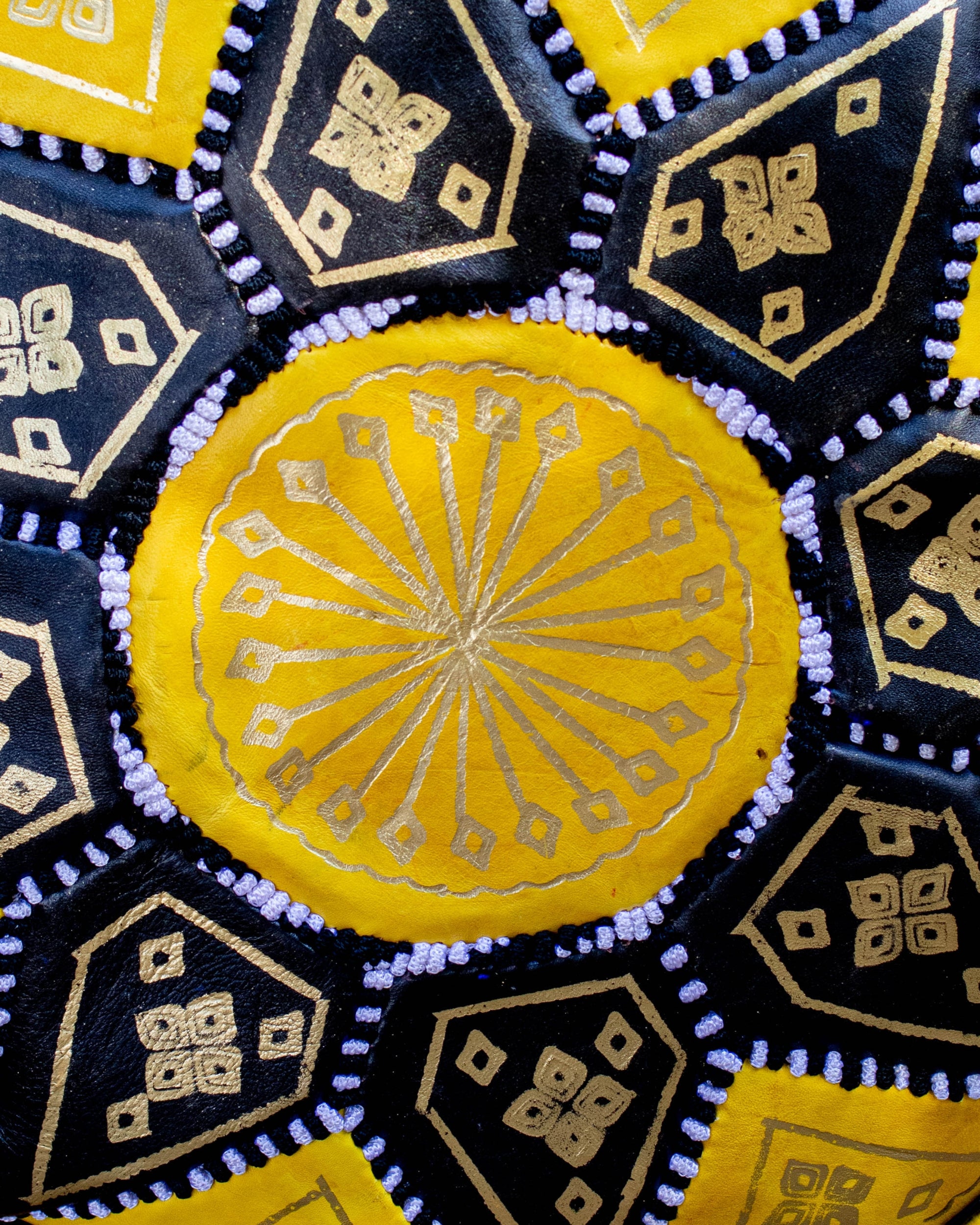 Moroccan Leather Pouf Yellow and Black with Gold Embroidery