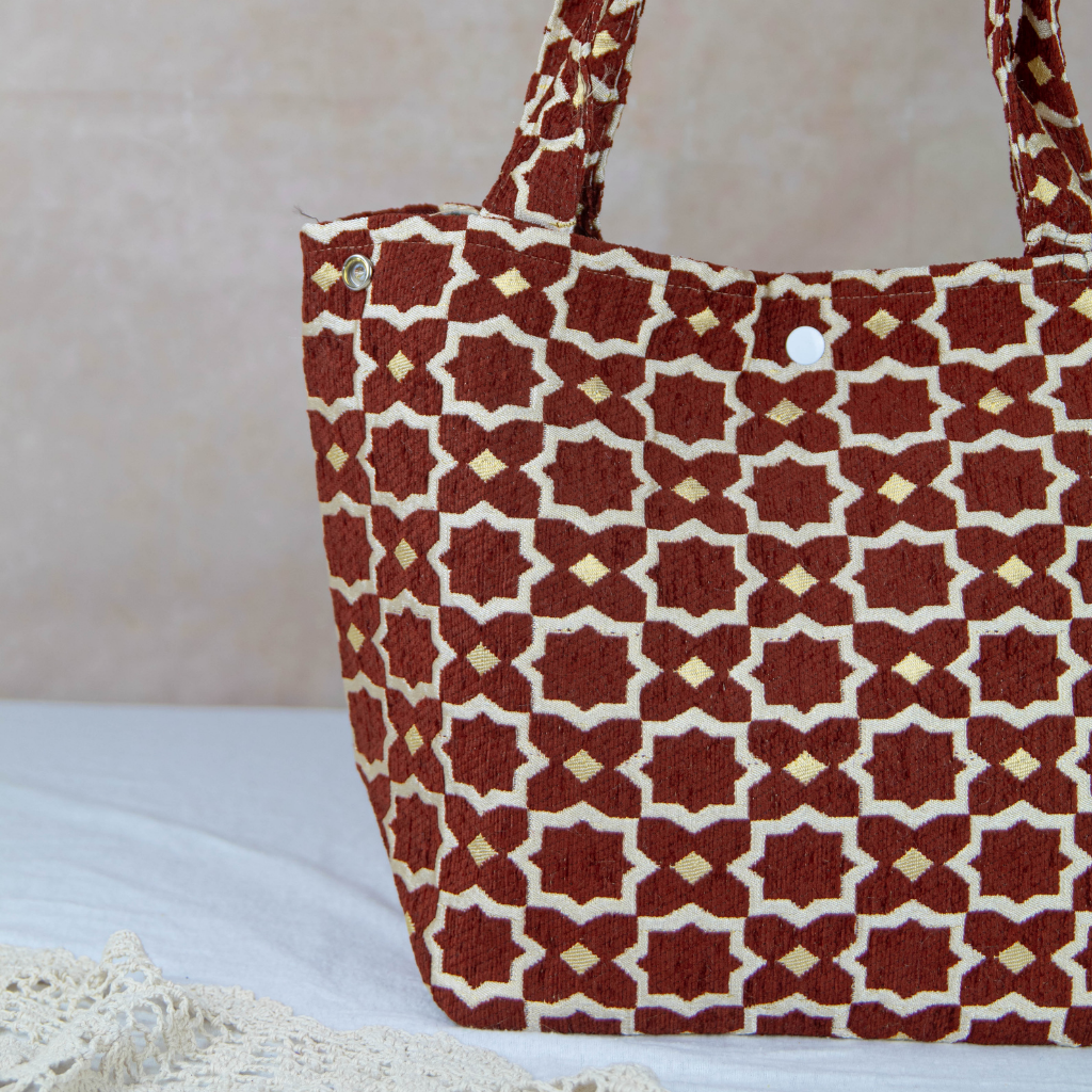 Moroccan Brocade Velvet and Gold Threads Tote Bag in Brown