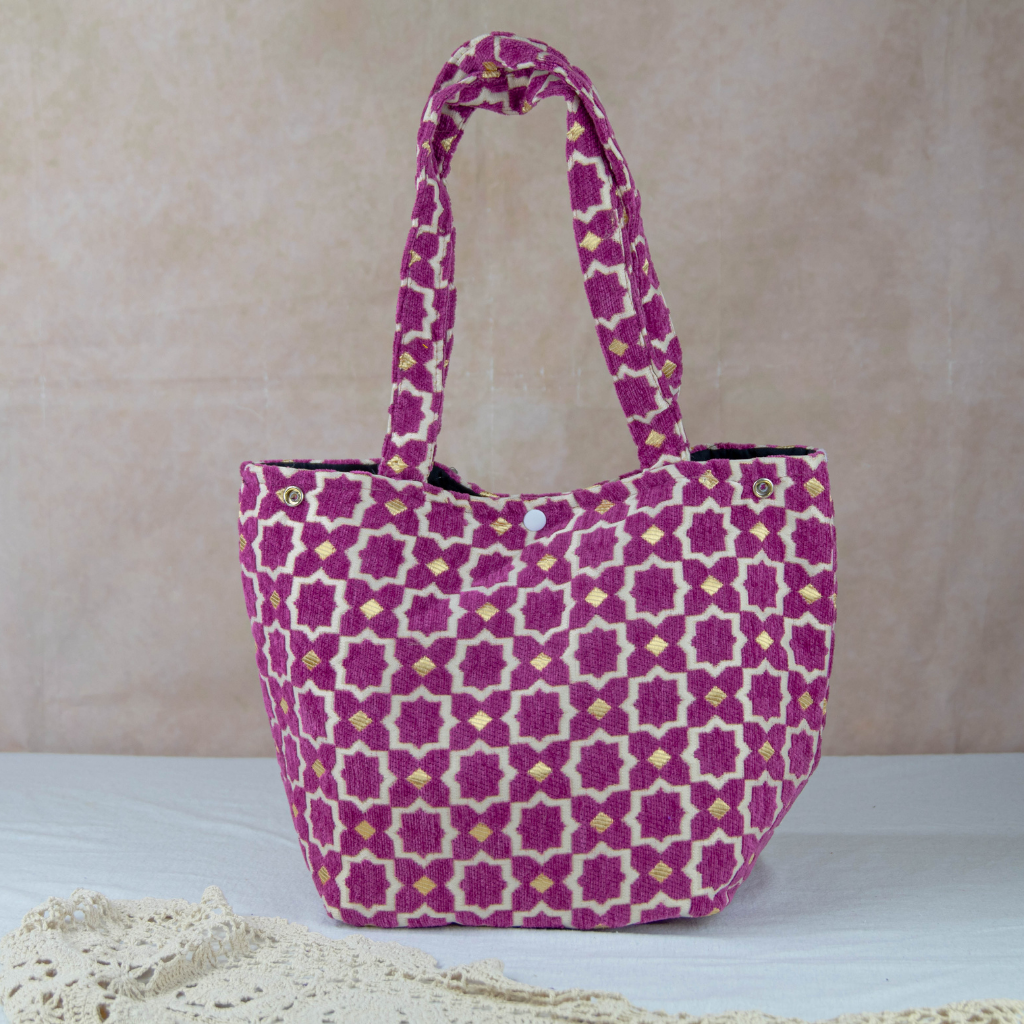 Moroccan Brocade Velvet and Gold Threads Tote Bag in Purple