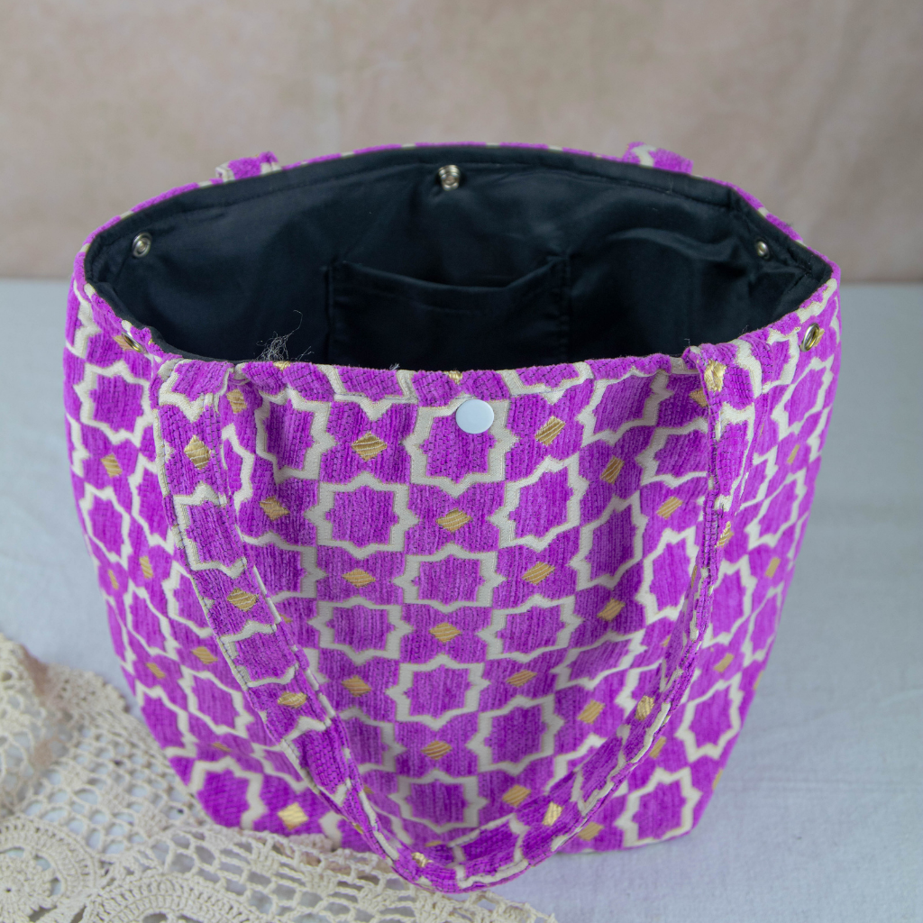 Moroccan Brocade Velvet and Gold Threads Tote Bag in Fuchsia