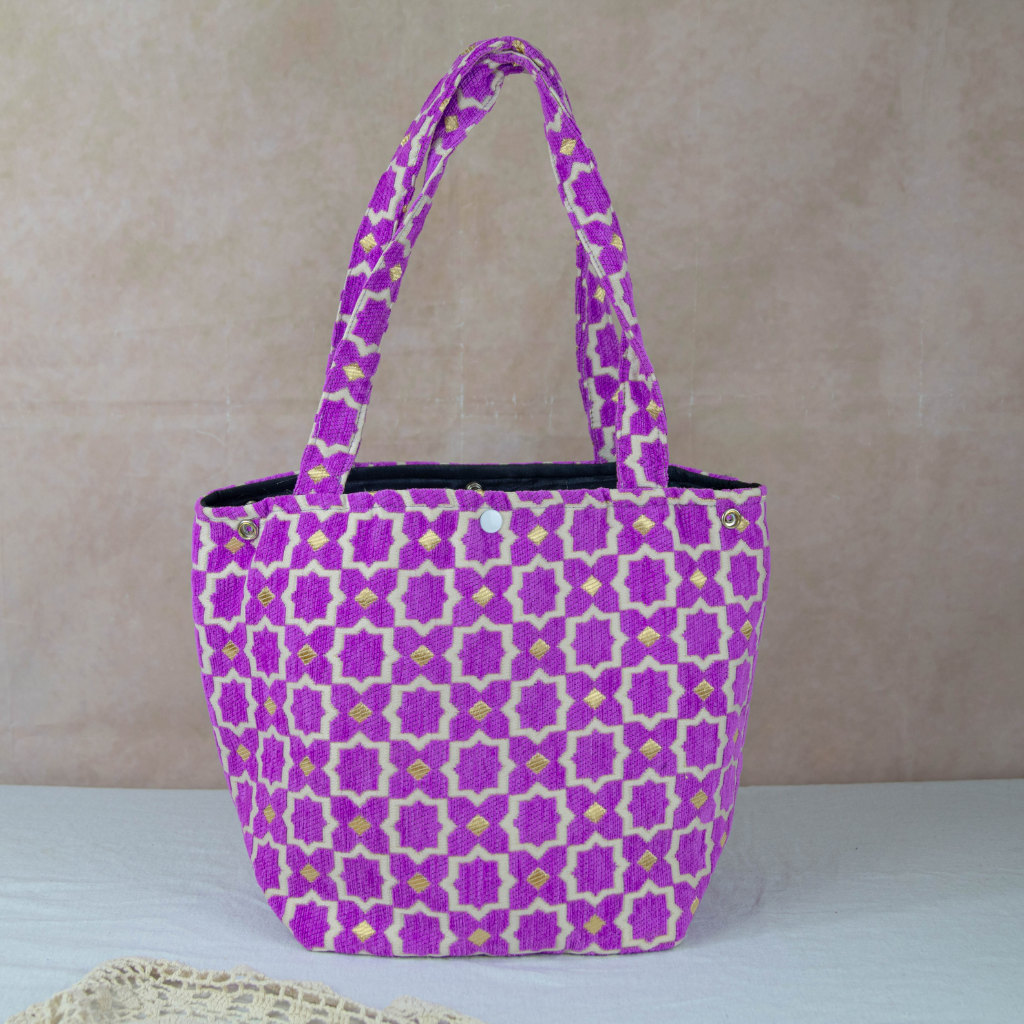 Moroccan Brocade Velvet and Gold Threads Tote Bag in Fuchsia