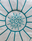Moroccan Leather Pouf – White with Turquoise Stitching