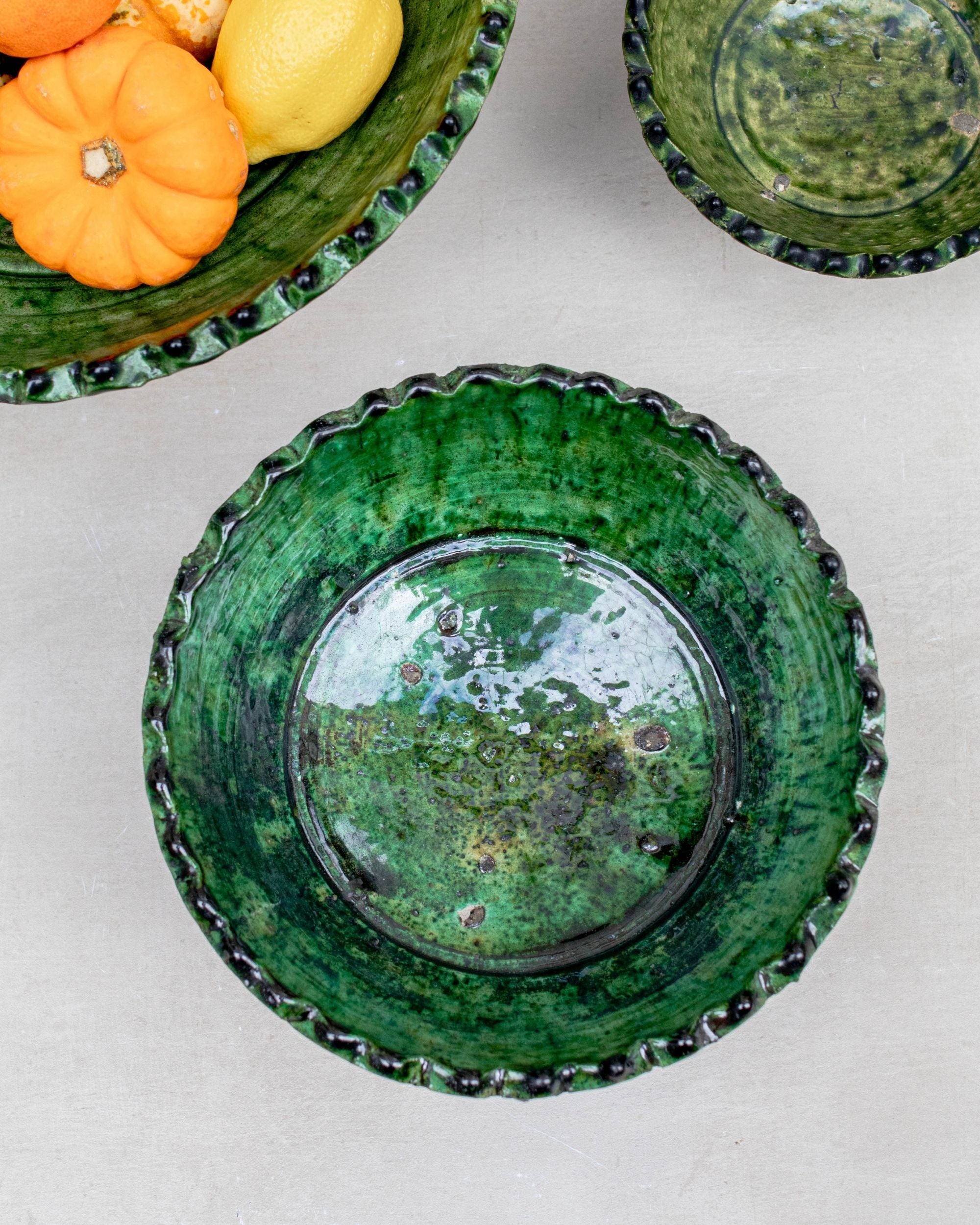 Close-up of green glaze with natural kiln patterns