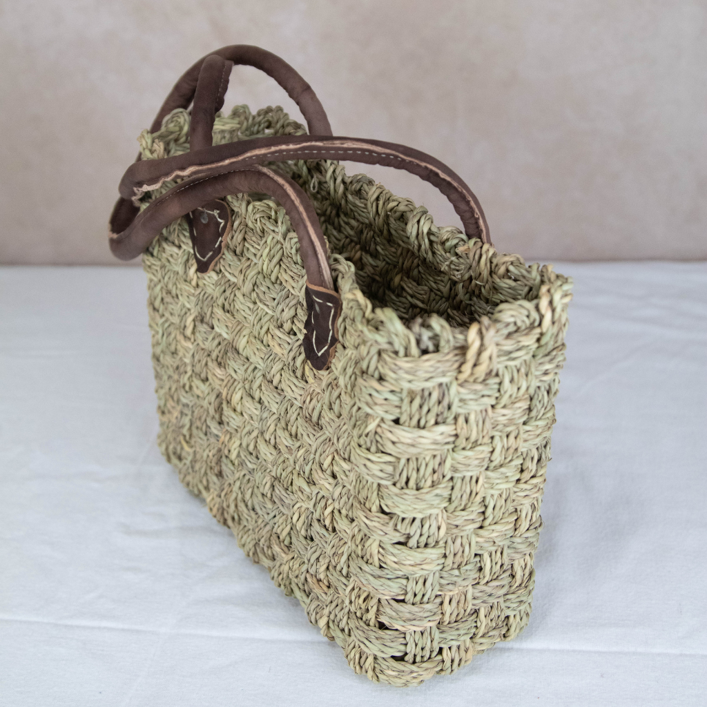 Moroccan Wicker Market Basket Bag with Stitched Leather Handles