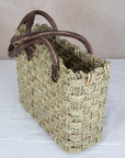 Moroccan Wicker Market Basket Bag with Stitched Leather Handles