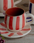 Handmade Striped Coffee Cup & Saucer - Red