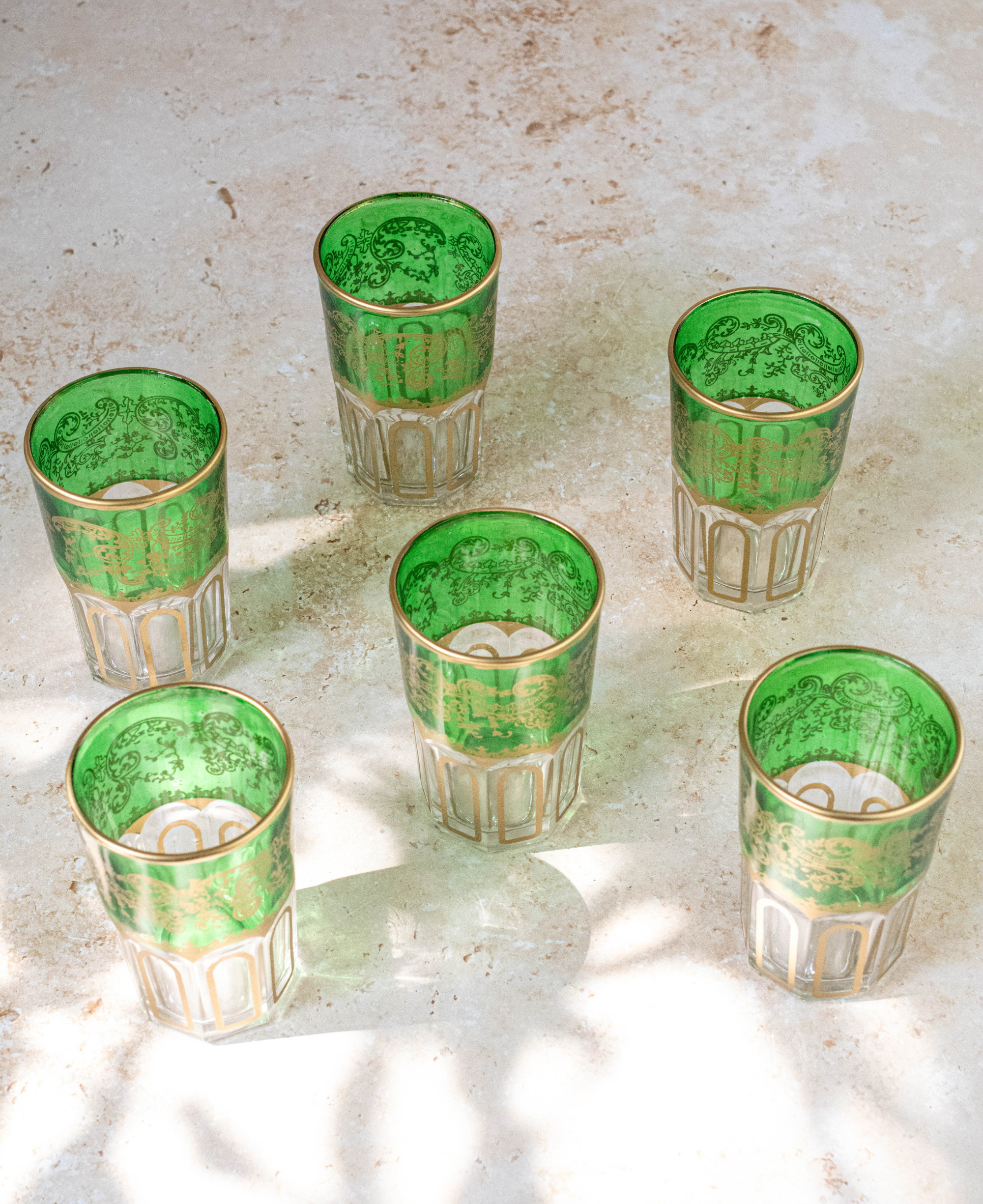 Set of 6 Handcrafted Green Moroccan Tea Glasses