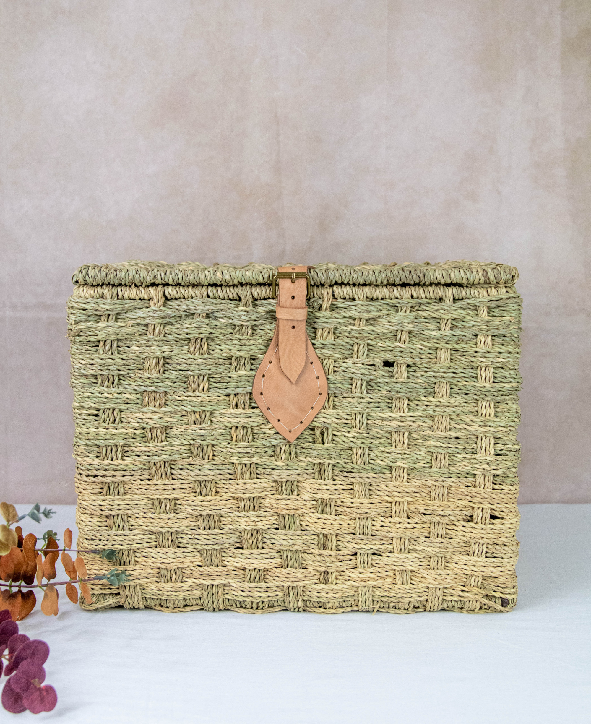 Natural Wicker Storage Trunk with Leather Strap – 3 Sizes Available