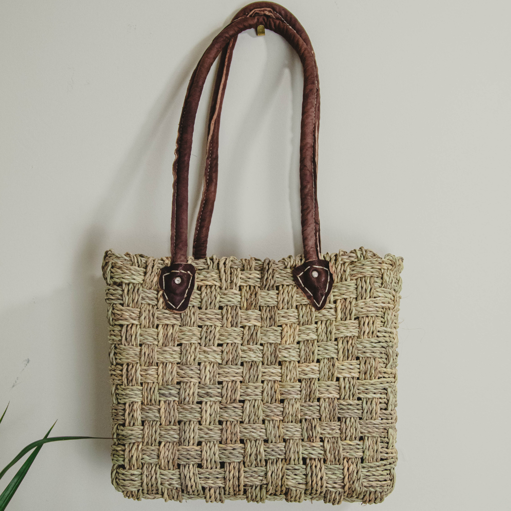 Moroccan Wicker Market Basket Bag with Stitched Leather Handles