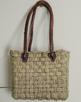 Moroccan Wicker Market Basket Bag with Stitched Leather Handles