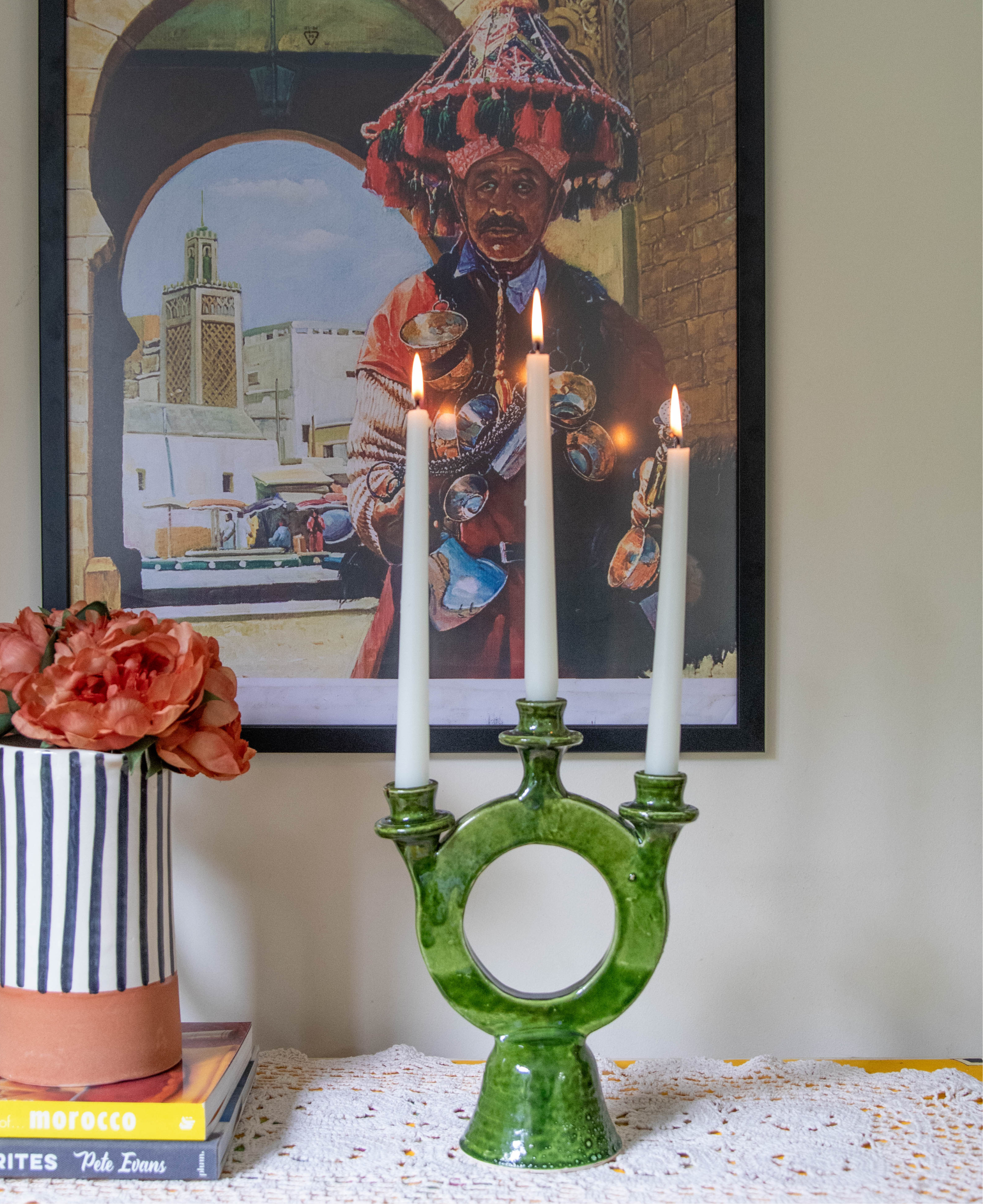 Handmade Green Ceramic Glazed 3-Candle Holder
