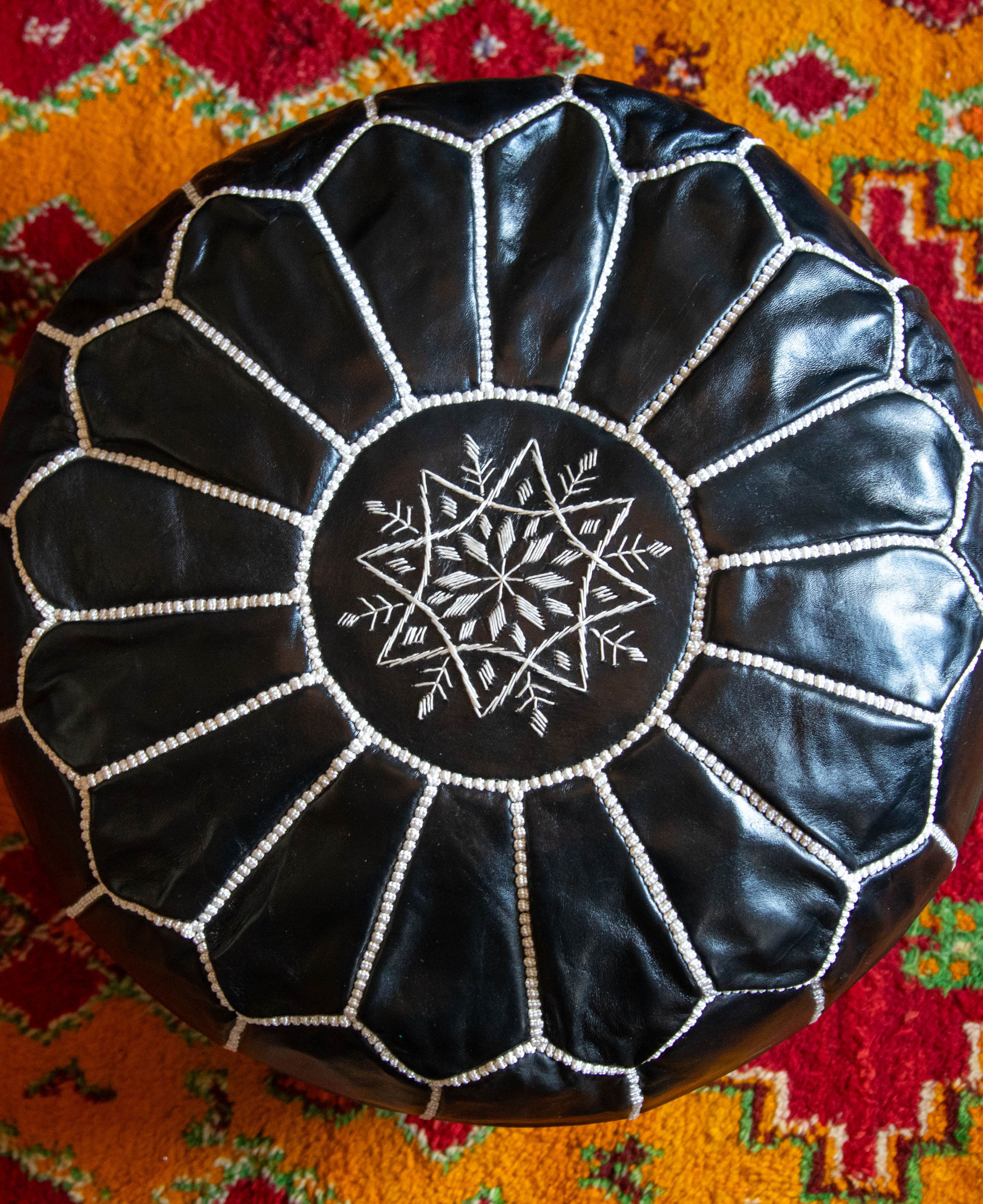 Moroccan Leather Pouffe Back and White