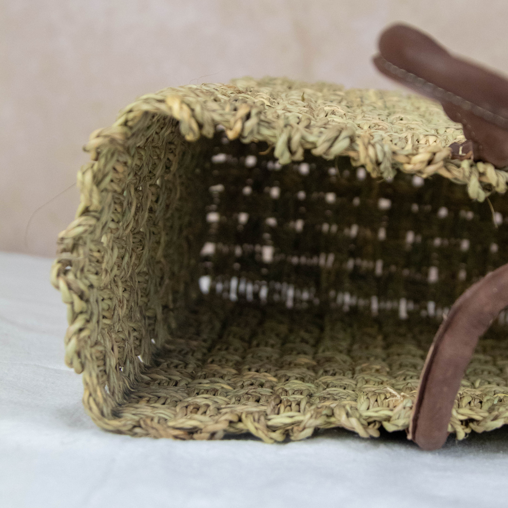 Moroccan Wicker Market Basket Bag with Stitched Leather Handles