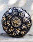Black Moroccan leather pouf with gold embroidery front view