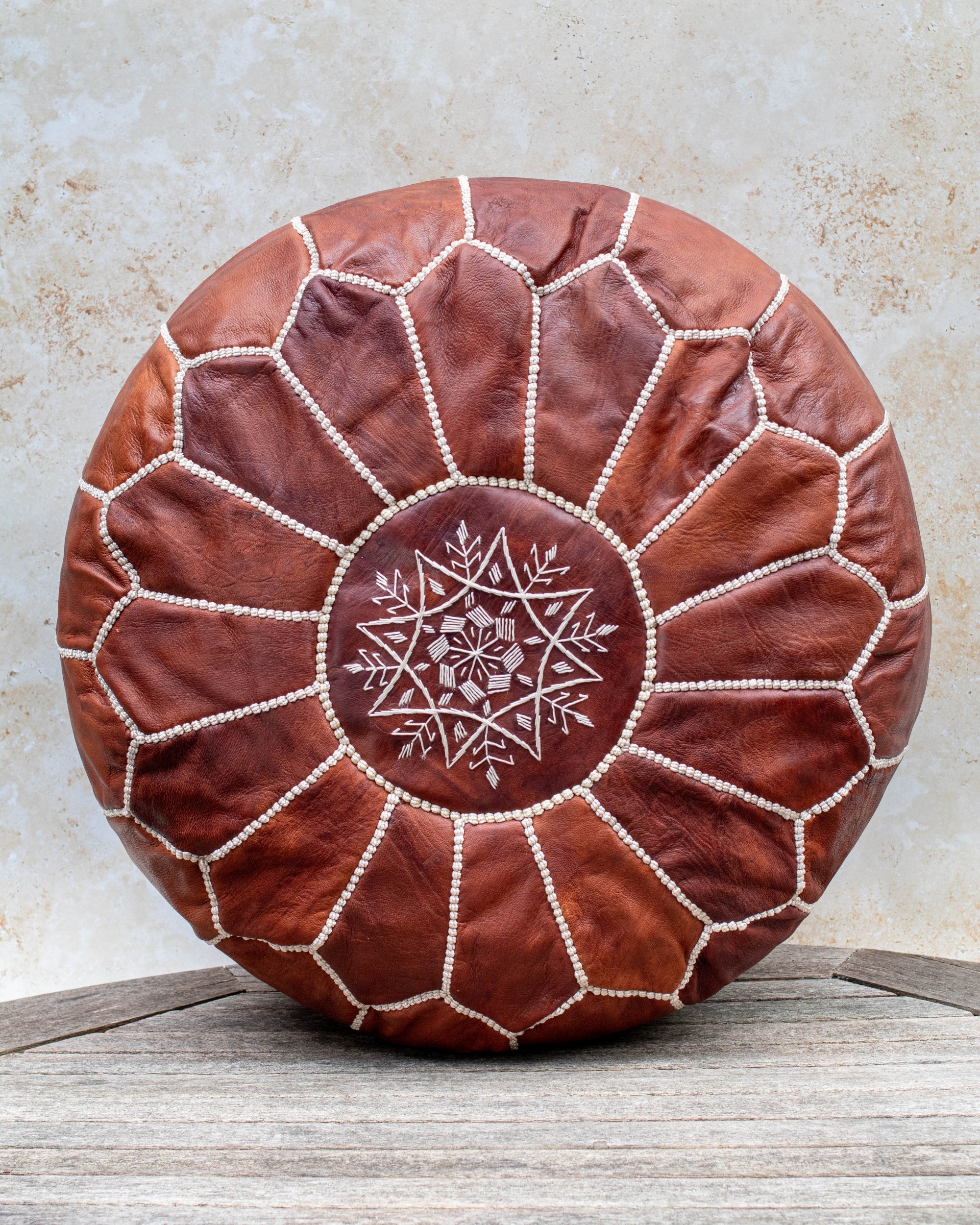 Brown Moroccan leather pouf – front view