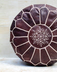 Chocolate leather pouf stitch detail close-up
