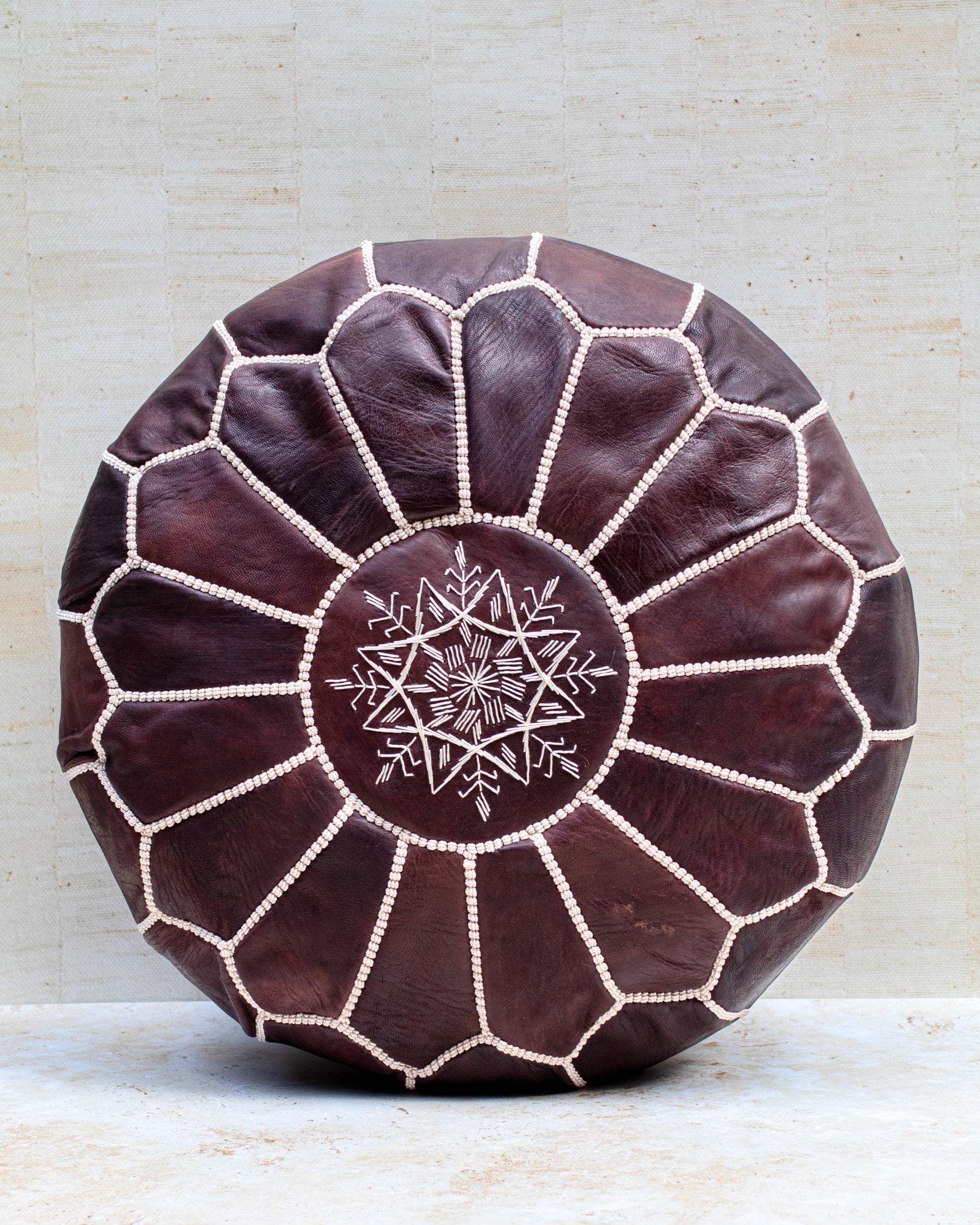 Dark brown Moroccan leather pouf front view