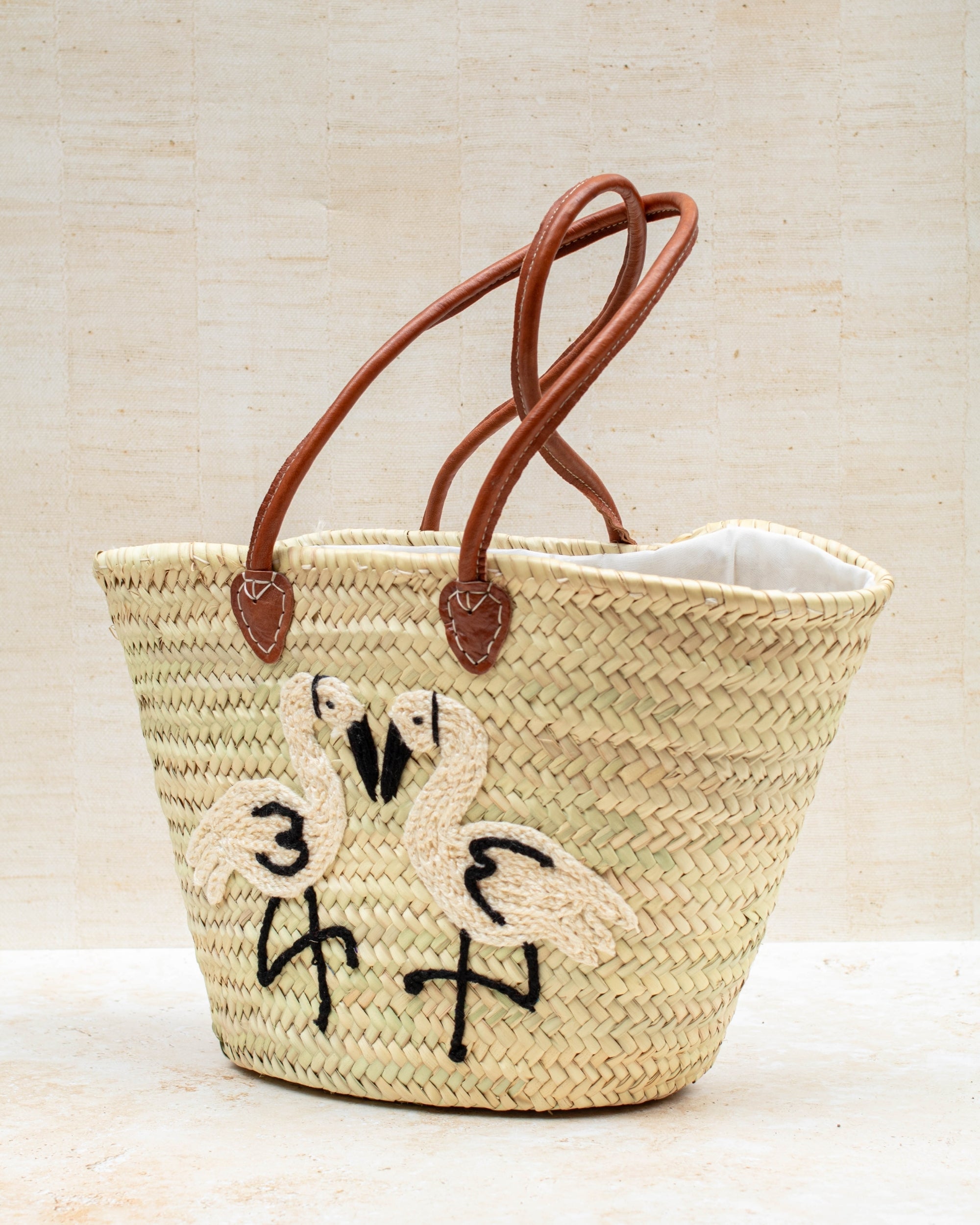 French market basket – flamingo embroidery, front view