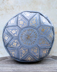 Grey Moroccan leather pouf with gold embroidery – front view