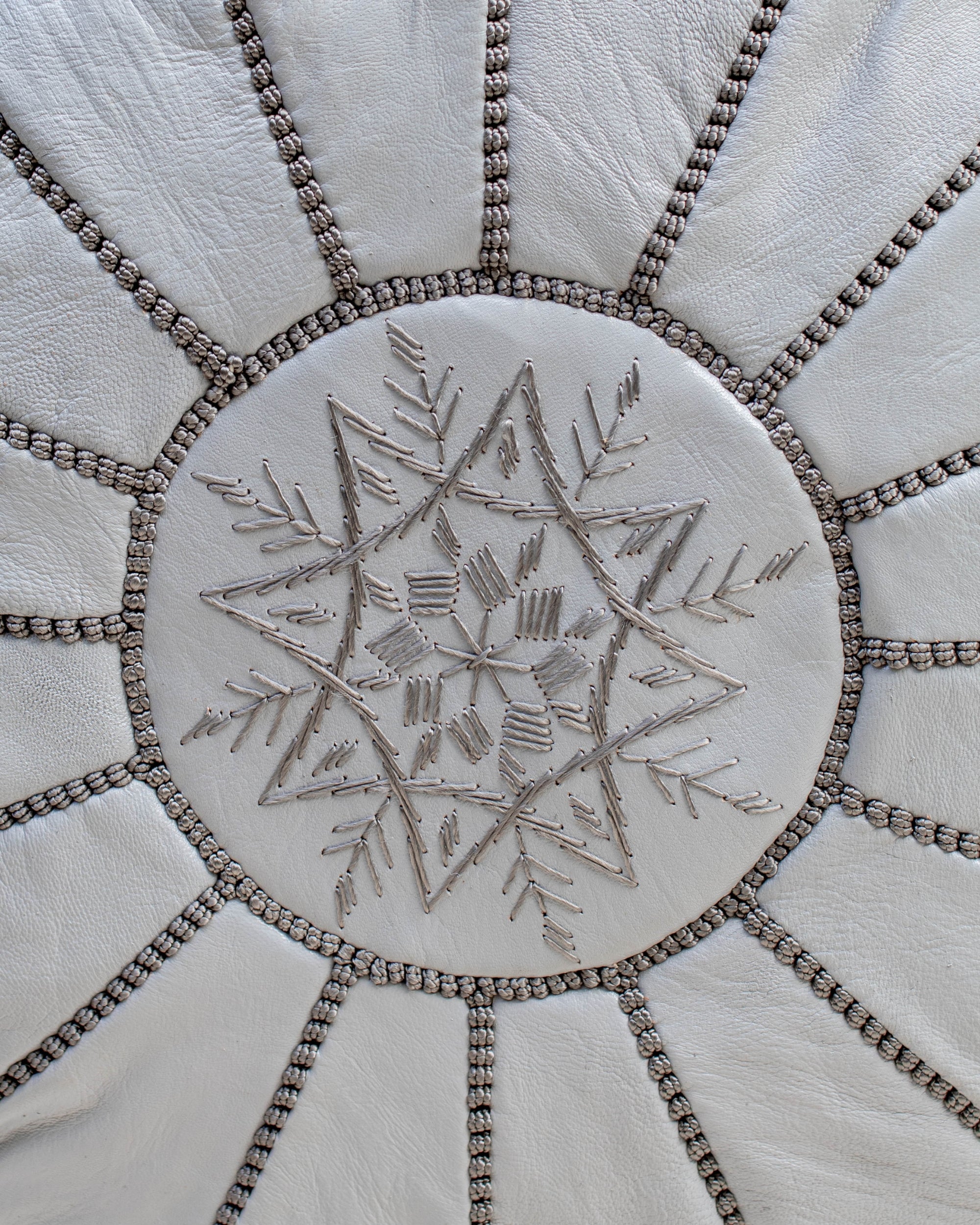 Grey pouf styled in living room as ottoman