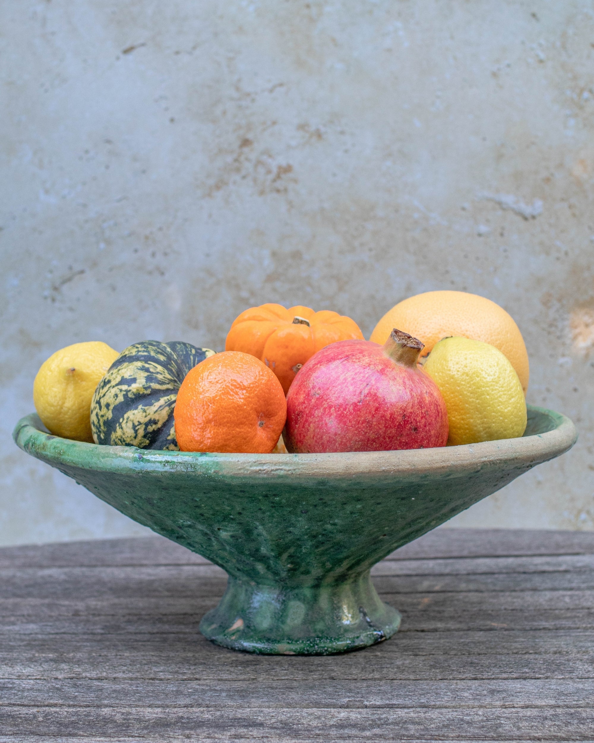 Handmade Tamegroute green pedestal bowl — Moroccan ceramic by Maison Berber