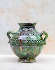 Handmade Tamegroute green relief vase with twin handles — 30 cm