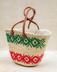 Handwoven French market basket – green and red embroidery, front view