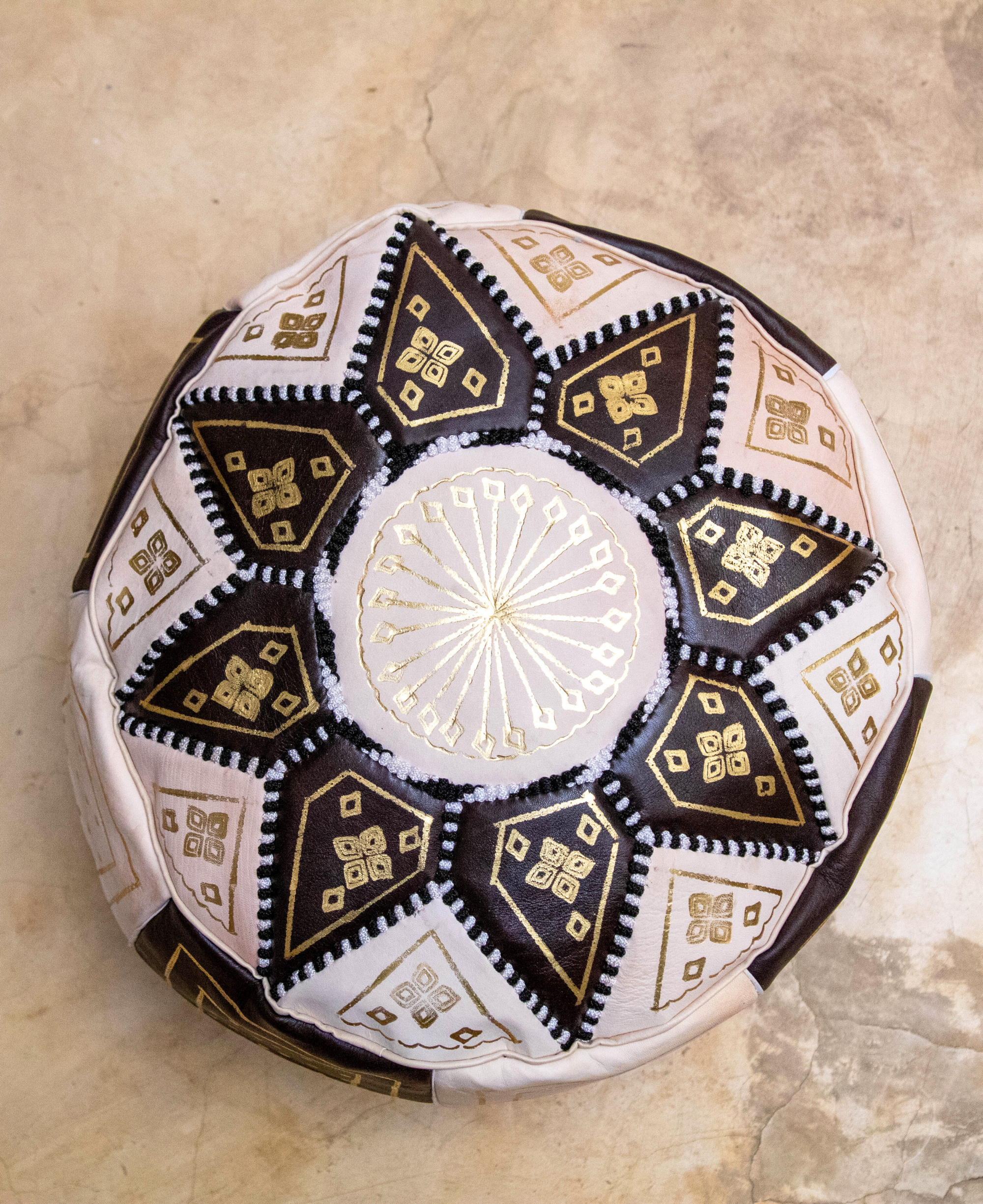 Moroccan Leather Floor Pouffe/Ottoman: Chocolate & Gold
