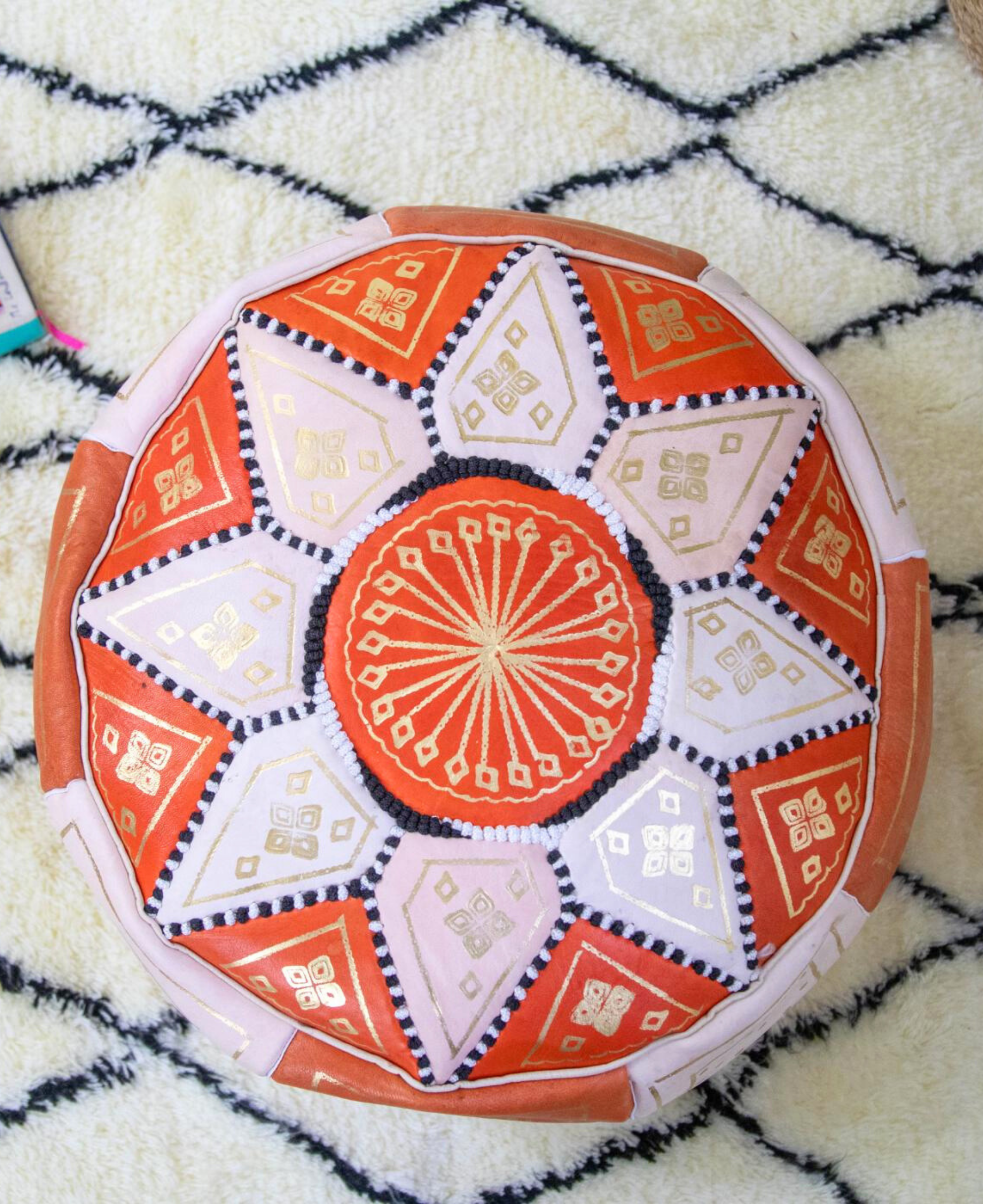 Moroccan Leather Floor Pouffe/Ottoman: Orange & Gold