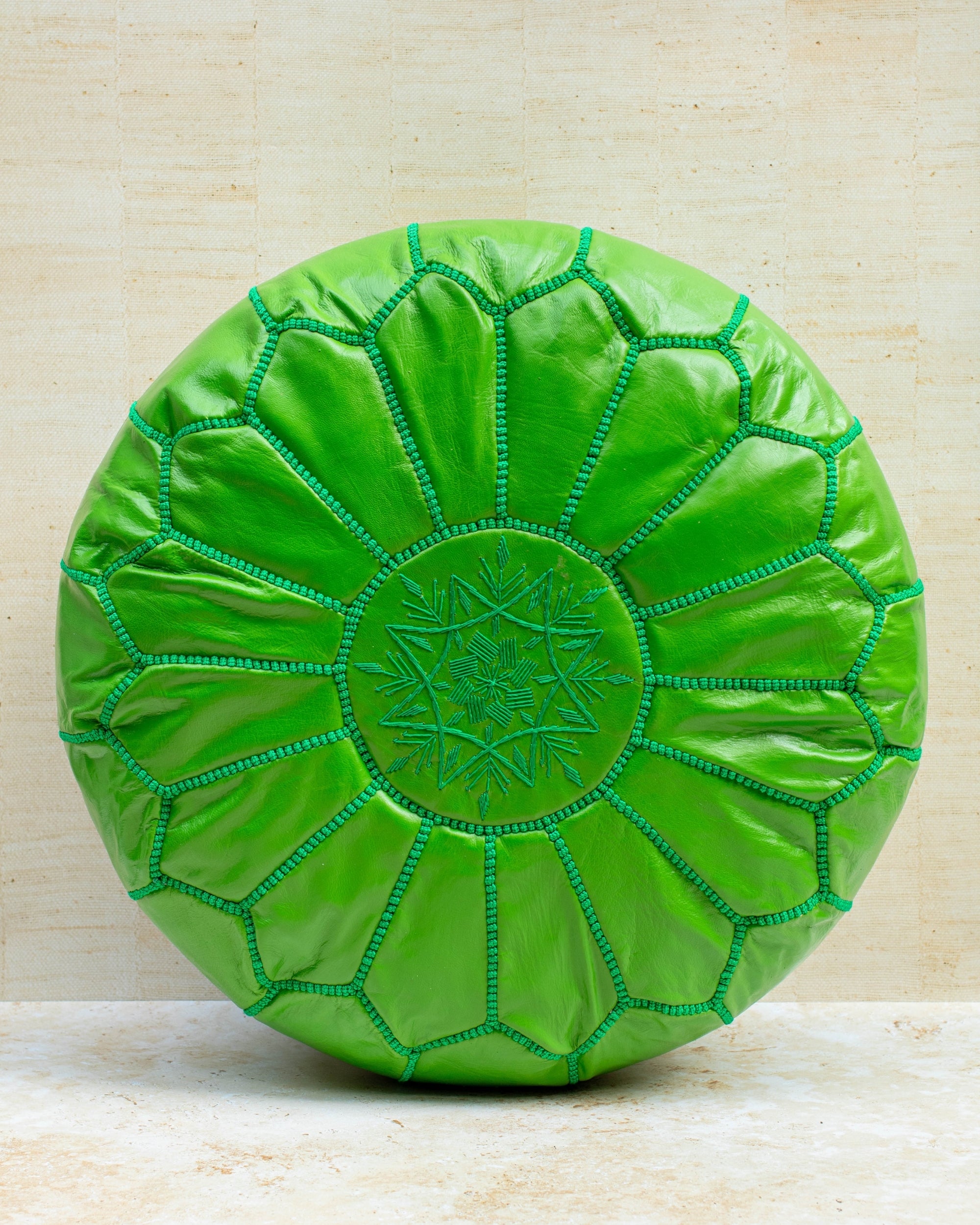 Moroccan leather pouf – apple green, front view