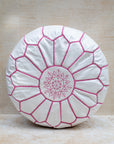 Moroccan leather pouf – white with pink stitching, front view