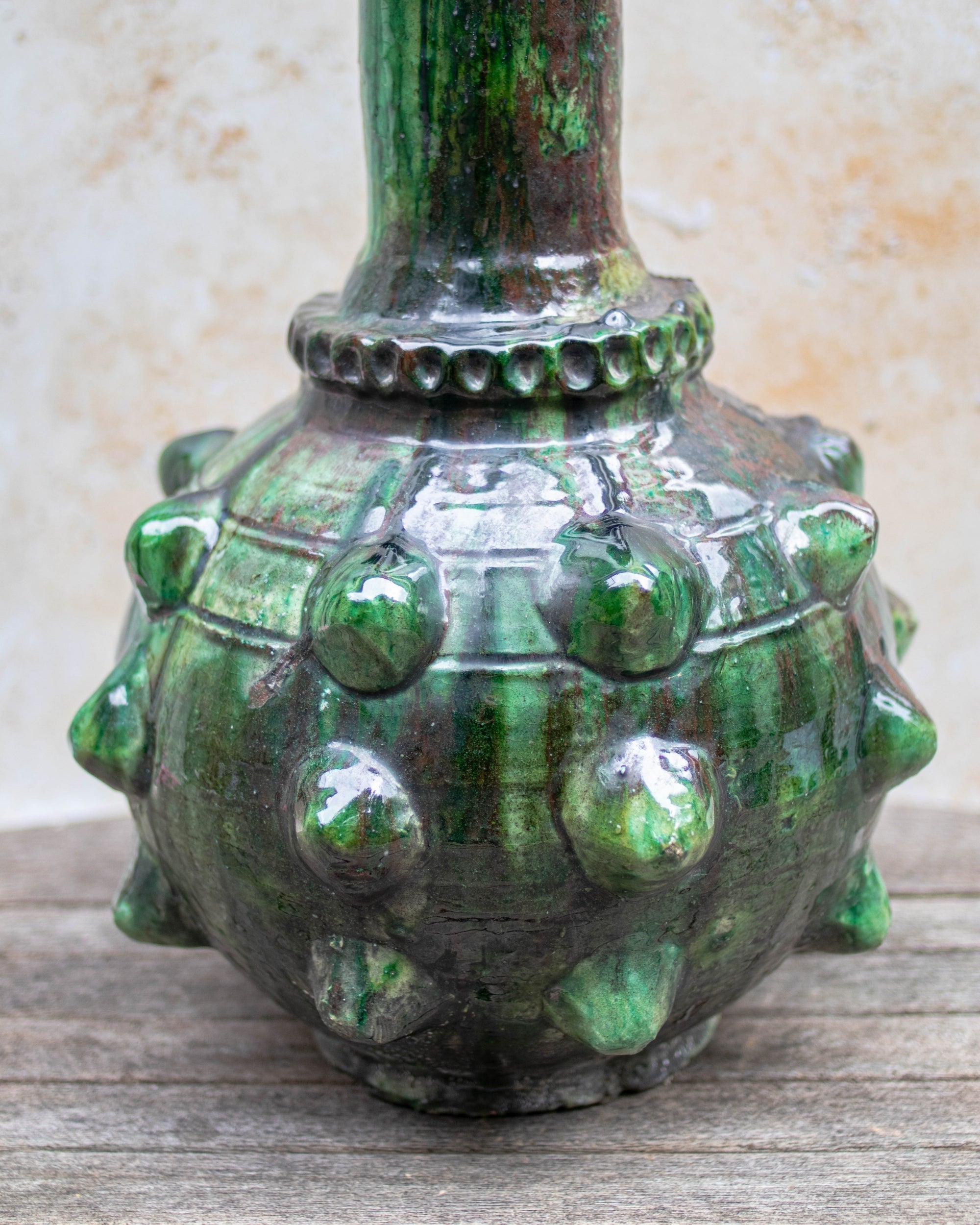 Moroccan pottery vase in deep green with bronze undertones