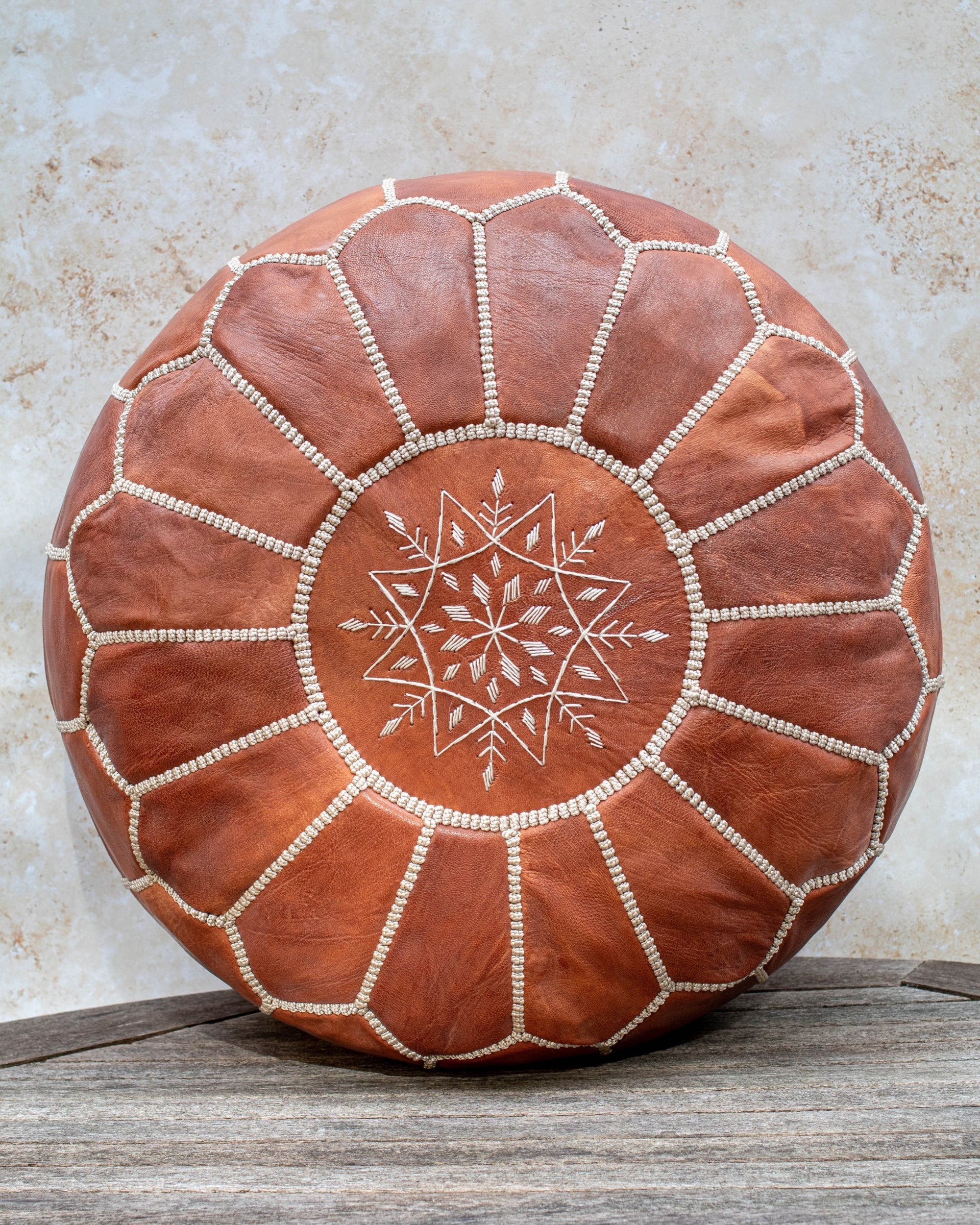 Natural tan Moroccan leather pouf – front view
