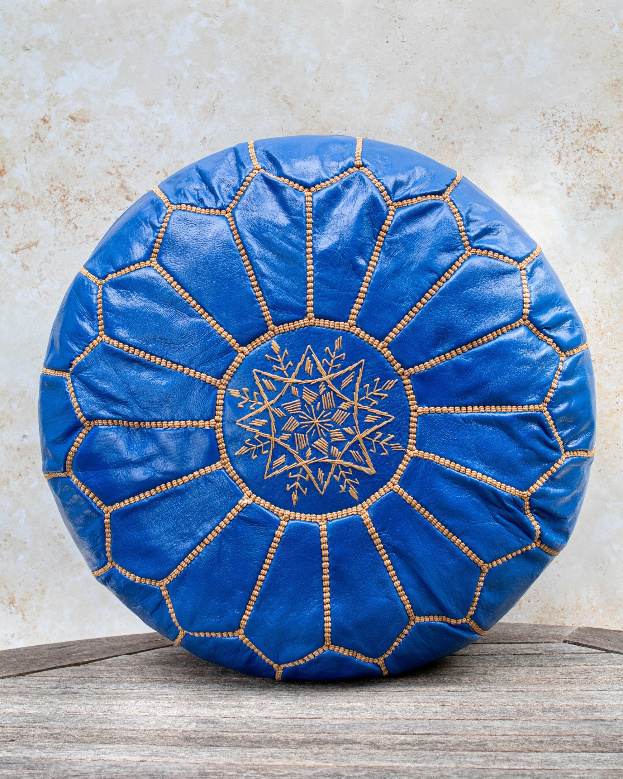 Royal blue Moroccan leather pouf front view