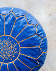 Royal blue leather pouf zip base view